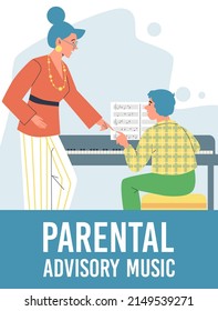 Parental advisory for music lessons at home banner or poster layout, flat vector illustration. Banner with mother teaches music and playing musical instruments to child.