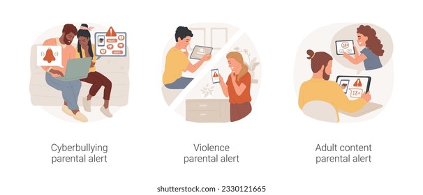 Parental alert software isolated cartoon vector illustration set. Cyberbullying attack on teenager, parent gets notification of digital threat, violence alert, block adult content vector cartoon.