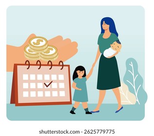 Parental allowance concept. A mother with her children, financial aid, and a calendar indicating a planned schedule or support system for managing family responsibilities. 