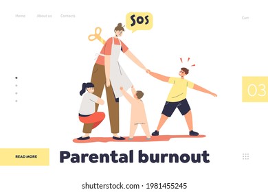 Parental burnout concept of landing page with stressed sleepy mom tired of caring of three kids. Depressed young mom need rest. Motherhood routine depression. Cartoon flat vector illustration