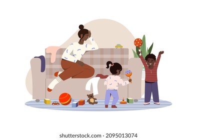 Parental burnout concept. Woman sits and holds her head next to her children. Motherhood and parenting. Modern interior, active boy and girl, noise, headache. Cartoon flat vector illustration