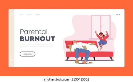 Parental Burnout Landing Page Template. Tired Parent with Hyperactive Child at Home, Fatigue Father Character Sleep while Son Jumping on Bed, Dad Tiredness. Cartoon People Vector Illustration