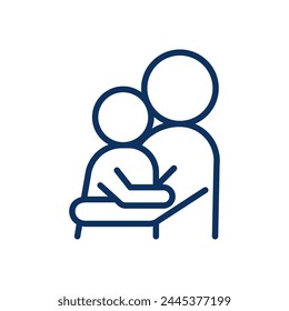 Icono de Cuidado parental. Ilustración de línea simple de un adulto sosteniendo a un bebé, que representa el vínculo familiar, el cuidado de niños y el afecto familiar.