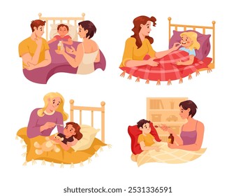 Parental Care for Sick Child with Man and Woman Sit at Bed Vector Set