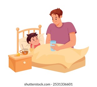 Parental Care for Sick Child with Man Dad Sit at Son Bed Vector Illustration