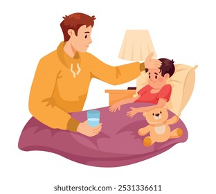 Parental Care for Sick Child with Man Dad Sit at Son Bed Vector Illustration