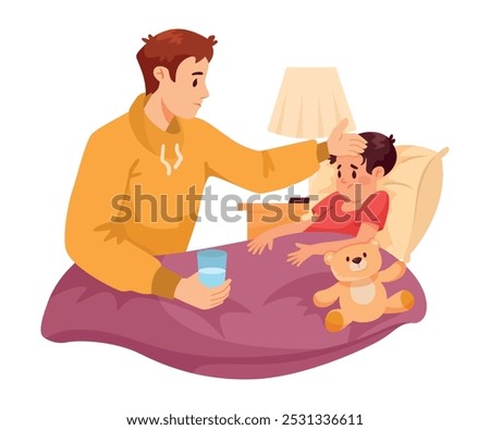 Parental Care for Sick Child with Man Dad Sit at Son Bed Vector Illustration
