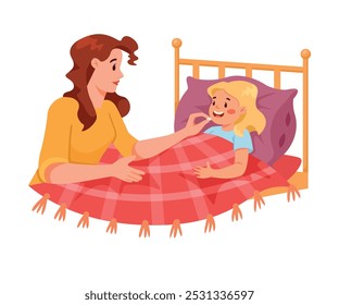 Parental Care for Sick Child with Woman Mom Sit at Daughter Bed Vector Illustration