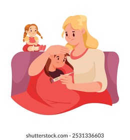 Parental Care for Sick Child with Woman Mom Sit at Daughter Bed Vector Illustration