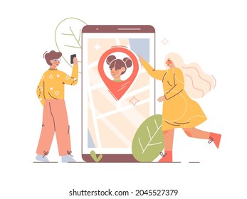 Parental control app for kid real-time location. Parents monitoring whereabouts of child via smartphone with geolocation tracking application. Children protection and safety concept in flat style.