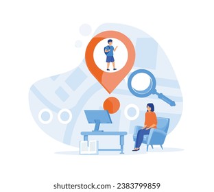 Parental control app. Mom in the office checks her daughter's location using smartphone. Modern technologies and child safety. flat vector modern illustration