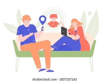 Parental control app. Parents at home check their son's location using smartphone. Modern technologies and child safety. Vector flat illustration.