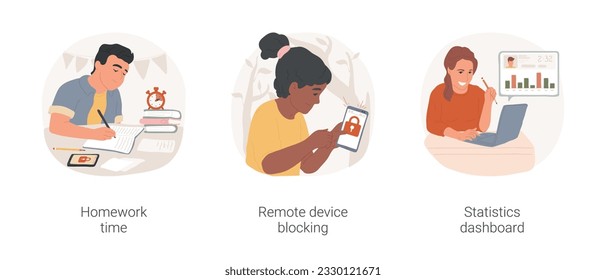 Parental control applications isolated cartoon vector illustration set. Homework time without gadget, teen has lock icon on screen, remote device blocking, statistics dashboard vector cartoon.
