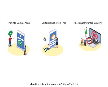 Parental control applications and software isometric 3d vector illustration