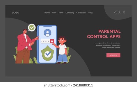 Parental control apps concept. Man shows little boy security phone application. Responsible parent sets secure access for child online safety. Empowering smart digital use. Flat vector illustration