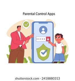 Parental control apps concept. Man shows little boy security phone application. Responsible parent sets secure access for child online safety. Empowering smart digital use. Flat vector illustration