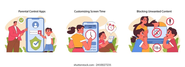 Parental control apps set. Secure child-device interaction, screen time management, and safeguarding against explicit content. Responsible modern digital parenting. Flat vector illustration