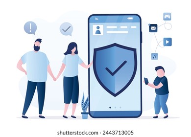 Kindersicherung, Bannerkonzept. Eltern haben auf dem Handy des Kindes einen Schutz installiert. Mutter überwacht die Nutzung des Smartphones durch Vorschulkinder. Großes Handy mit Firewall-App. Vektorgrafik