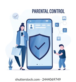 Kindersicherung, Banner-Konzept. Eltern haben auf dem Handy des Kindes einen Schutz installiert. Mutter überwacht die Nutzung des Smartphones durch Vorschulkinder. Großes Handy mit Sicherheits-App. Vektorillustration