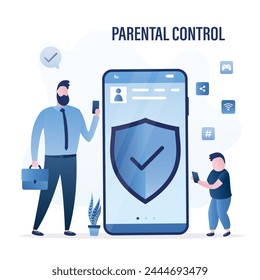 Kindersicherung, Banner-Konzept. Eltern haben auf dem Handy des Kindes einen Schutz installiert. Vater überwacht die Nutzung des Smartphones durch Vorschulkinder. Großes Handy mit Sicherheits-App. Vektorillustration
