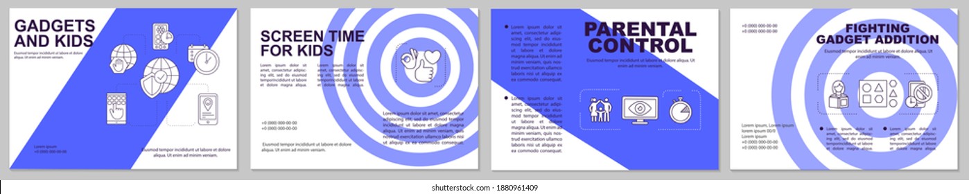Plantilla de folleto sobre el control parental. Limite el software de tiempo de pantalla. Volante, folleto, folleto impreso, diseño de portada con iconos lineales. Diseños vectoriales para revistas, informes anuales, afiches publicitarios