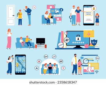 Parental control color set with isolated icons pictograms of content protection and characters of teenage kids vector illustration