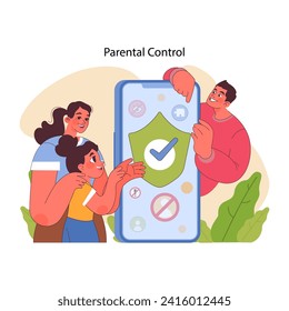 Concepto de control parental. Familia que utiliza funciones de seguridad digital para proteger la experiencia en línea de los niños. Compromiso y acercamiento educativo a la seguridad de internet. Ilustración vectorial plana