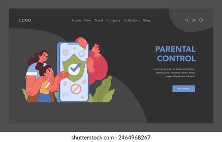 Concepto de control parental. Familia que utiliza características de seguridad digital para proteger la experiencia en línea de los niños. Enfoque participativo y educativo para la seguridad de Internet. Ilustración vectorial plana