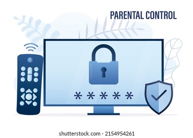 Parental control, concept. Modern monitor or tv set with padlock and password. Remote control and protection shield near display. Age restriction. Media content only for adults. Vector illustration