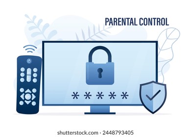 Control parental, concepto. Moderno monitor o televisor con candado y Contraseña. Mando a distancia y escudo de protección cerca de la pantalla. restricción de Edad. Contenido multimedia sólo para adultos. Ilustración vectorial