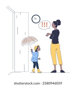 Parental control concept. Woman dresses girl for street. Mother watches her daughter with umbrella. Motherhood and childhood, parenthood. Autumn and fall season. Linear vector illustration