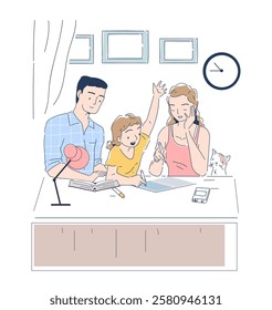 Parental control concept. Woman and man doing homework with girl. Father and mother teaching daughter. Education and learning. Parenthood and childhood. Linear vector illustration