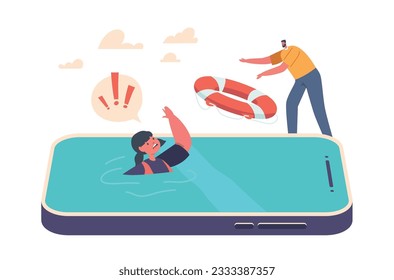 Parental Control, Father Throws Lifebuoy To Rescue His Child Drowning In The Smartphone Screen, Vector Illustration