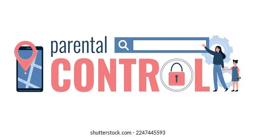 Parental control flat composition of text icons of lock smartphone search bar with mother and daughter vector illustration