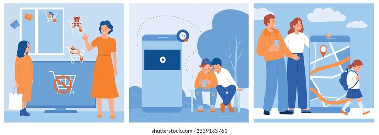 Parental control flat set with blocked websites child location tracker and characters of parents and kids isolated vector illustration