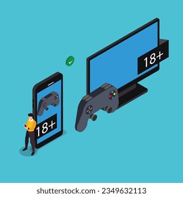 Parental control for gaming. Age restriction isometric 3d vector concept for banner, website, illustration, landing page, etc