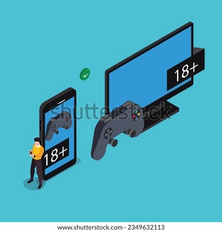 Parental control for gaming. Age restriction isometric 3d vector concept for banner, website, illustration, landing page, etc