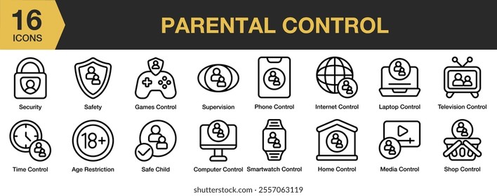 Parental Control icon set. Includes internet, control, protection, parental, security, and More. Outline icons vector collection.