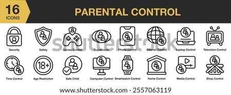 Parental Control icon set. Includes internet, control, protection, parental, security, and More. Outline icons vector collection.