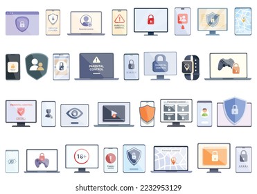 Symbole der elterlichen Kontrolle setzen Cartoon-Vektorgrafik. Familien-App. Internet-Kind