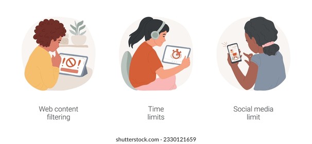 Parental control isolated cartoon vector illustration set. Web content filtering, block icon on screen, child receiving time out message on device, social media limiting app vector cartoon.