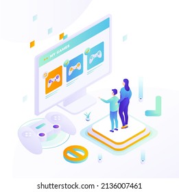 Parental control for kids gaming, vector isometric illustration.