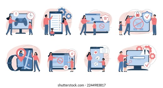 Parental control set with flat isolated compositions of gadget icons pictograms characters of parents and children vector illustration