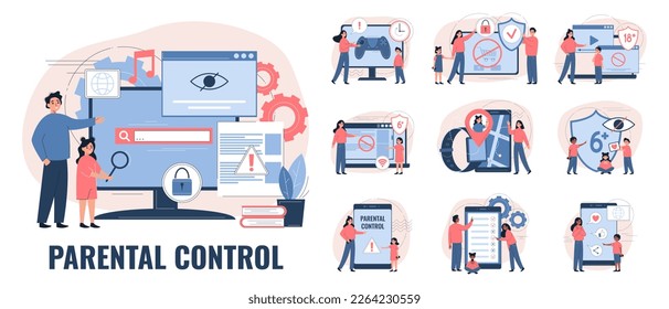 Parental control set with flat isolated compositions of gadget icons protection shields and family member characters vector illustration