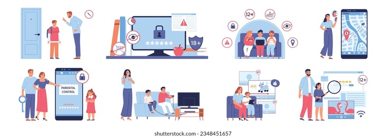 Parental control set of isolated compositions with content icons round pictograms and characters of family members vector illustration