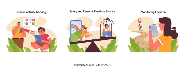 Parental control set. Tracking online activities, balancing freedom with safety, and real-time location monitoring for child protection. Technologies assistance in parenting. Flat vector illustration