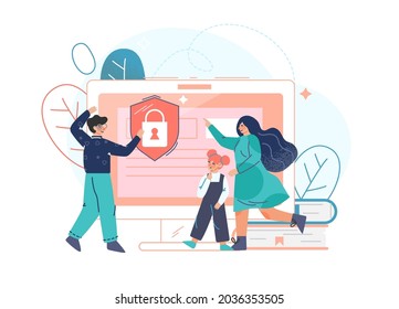 Parental Control Software, Access Restrict For Children Flat Vector Illustration. Dad And Mom Block Prohibited Or Inappropriate Content On Social Media. Parents Provide Safe Internet For Daughter.