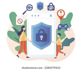 Parental control software. Access restrict. Blocked, prohibited or inappropriate content for kids. Safe internet. Modern flat cartoon style. Vector illustration on white background svg