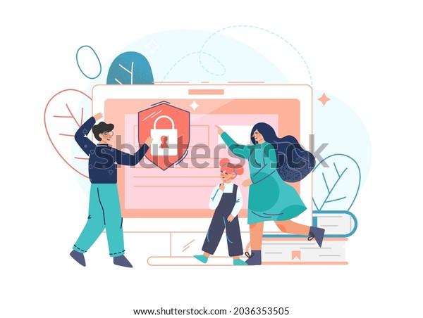 Parental control software, access restrict for\
children flat vector illustration. Dad and mom block prohibited or\
inappropriate content on social media. Parents provide safe\
internet for\
daughter.