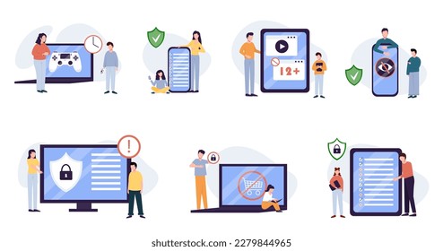 Kindersicherung. Software zur Kindersicherung, elterliche Beratungsmusik, Metaphern zu digitalen Inhalten für Kinder. Metapher-Illustrationen mit Vektorgrafiken